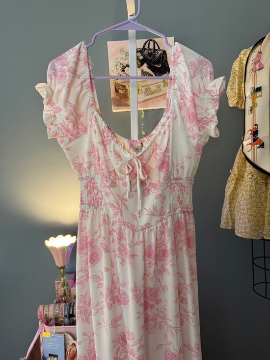 111 • Elizabeth Blush Roses Romantic Pink Floral Maxi Dress with Puff Sleeves - Picture 11 of 12